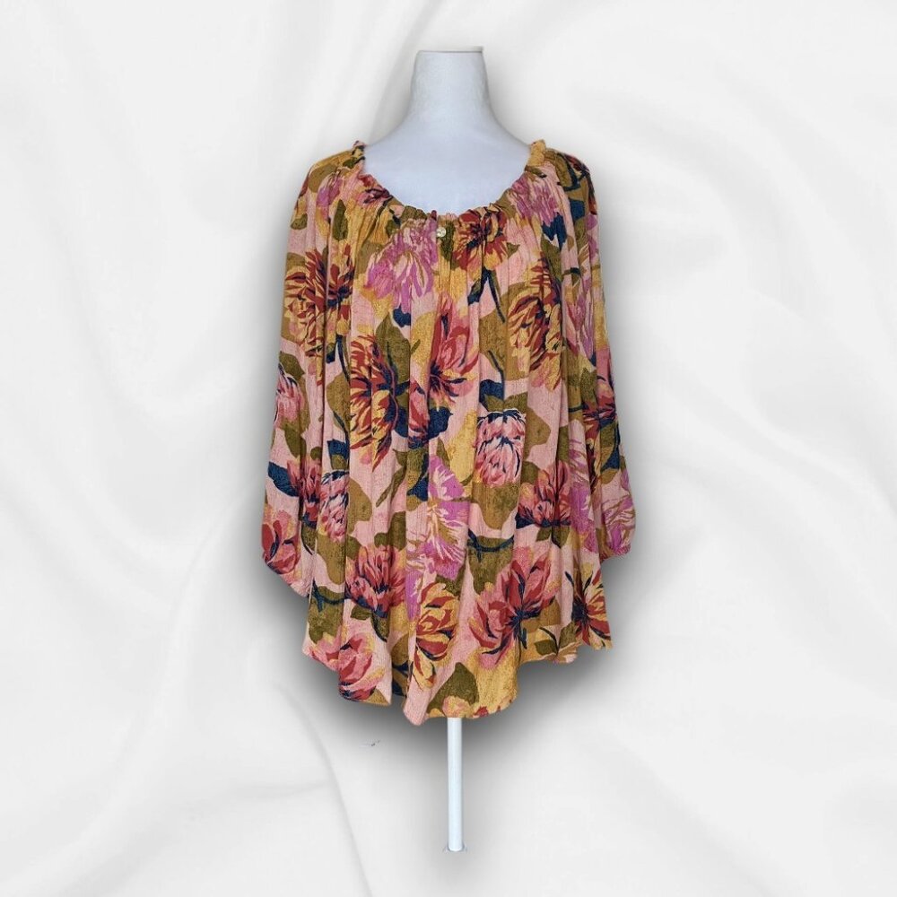 Terra & Sky Floral Peasant Blouse 2X Boho, Cottagecore, Fairycore, Prairie